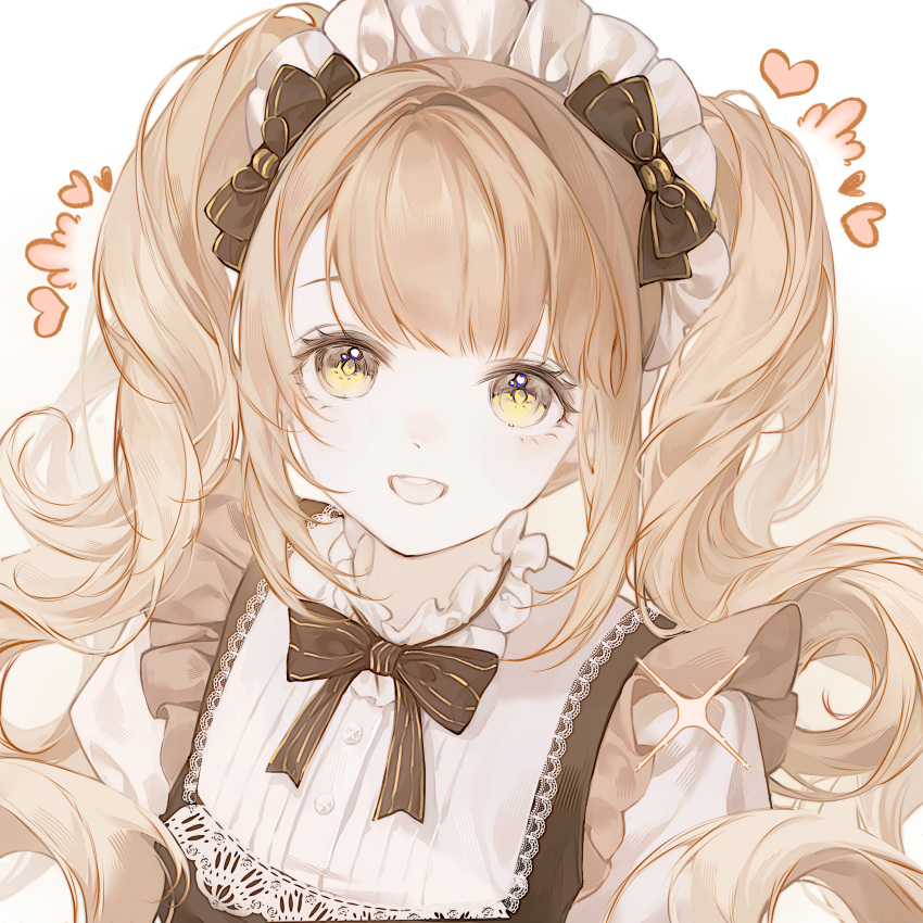 1girl, ^^^, bee_hair_ornament, black_bow, black_bowtie, black_dress, blonde_hair, blunt_bangs, bow, bowtie, buttons, choker, dot_nose, dress, dress_shirt, eyelashes, frilled_choker, frilled_dress, frills, gradient_background, hair_bow, hair_intakes, happy, heart, highres, hou_mianbao_gou, infinity_nikki, lace-trimmed_dress, lace_trim, long_hair, maid, maid_headdress, nikki_(series), open_mouth, pinafore_dress, puffy_short_sleeves, puffy_sleeves, shirt, shirt_under_dress, short_sleeves, sidelocks, simple_background, sleeveless, sleeveless_dress, smile, solo, striped_bow, striped_bowtie, striped_clothes, teeth, twintails, upper_body, upper_teeth_only, wavy_hair, white_background, white_choker, white_shirt, yellow_background, yellow_eyes