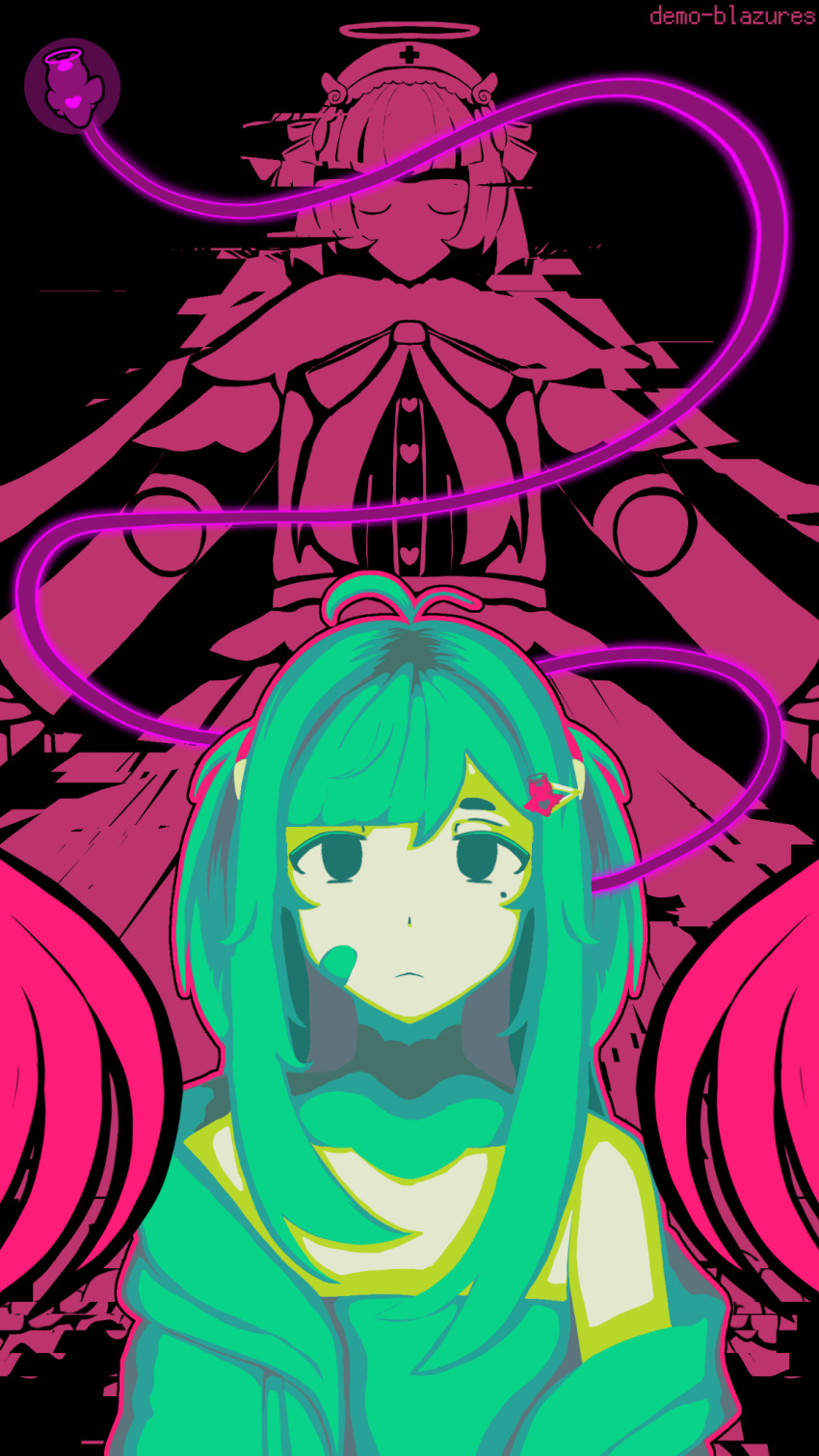 2girls, ai-chan_(love_angel_syndrome), bandage_on_face, bandages, black_background, black_eyes, blunt_bangs, bow
