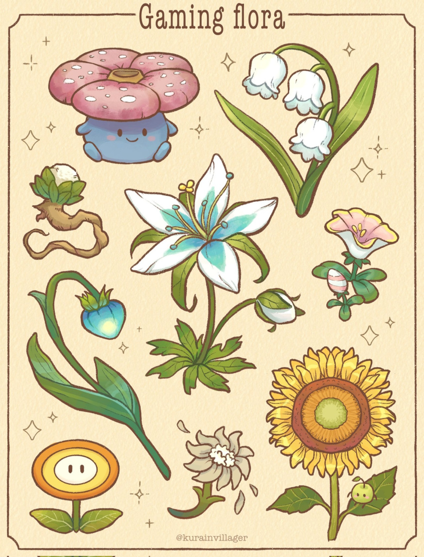 animal_crossing, artist_name, blue_flower, blush_stickers, bud, closed_mouth, commentary, corrupted_twitter_file, delicate_flower_(hollow_knight), english_commentary, english_text, fire_flower, flower, flower_focus, genshin_impact, grey_flower, highres, hollow_knight, kirby_(series), kurain_villager, lily_of_the_valley, no_humans, petals, pink_flower, pokemon, pokemon_(creature), pop_flower, professor_layton, silent_princess, simple_background, small_lamp_grass, smile, solid_oval_eyes, sparkle, stardew_valley, sunflower, super_mario_bros., the_legend_of_zelda, twitter_username, vileplume, white_flower, yellow_background, yellow_flower