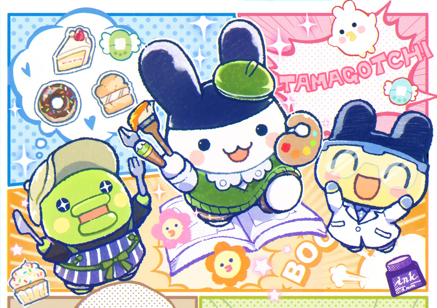 1119mna, 1girl, 2boys, absurdres, animal_ears, apron, beret, blush_stickers