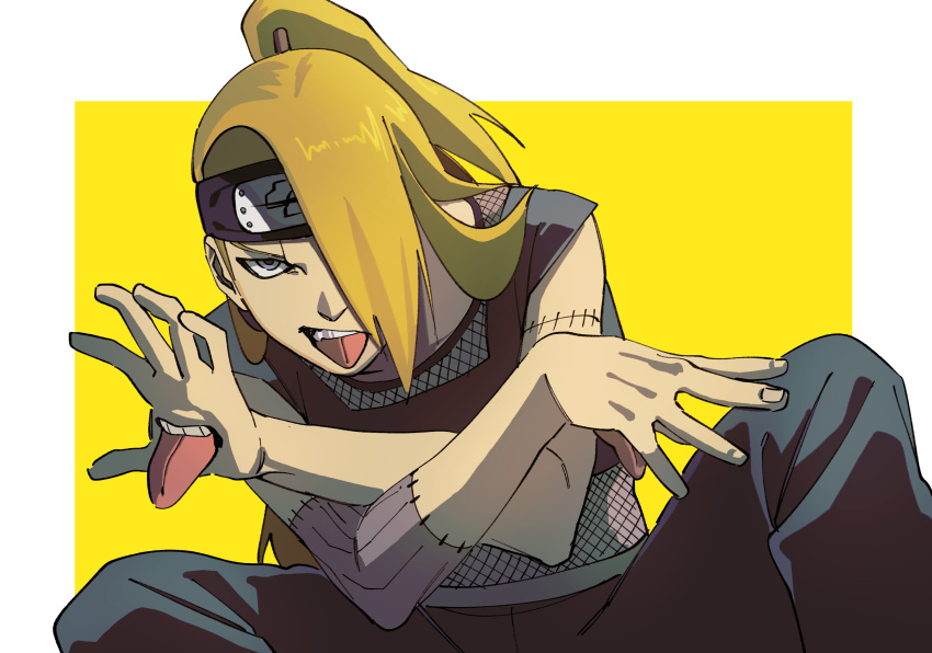 1boy, black_pants, black_tank_top, blonde_hair, blue_eyes, border, chasenmage, deidara_(naruto)