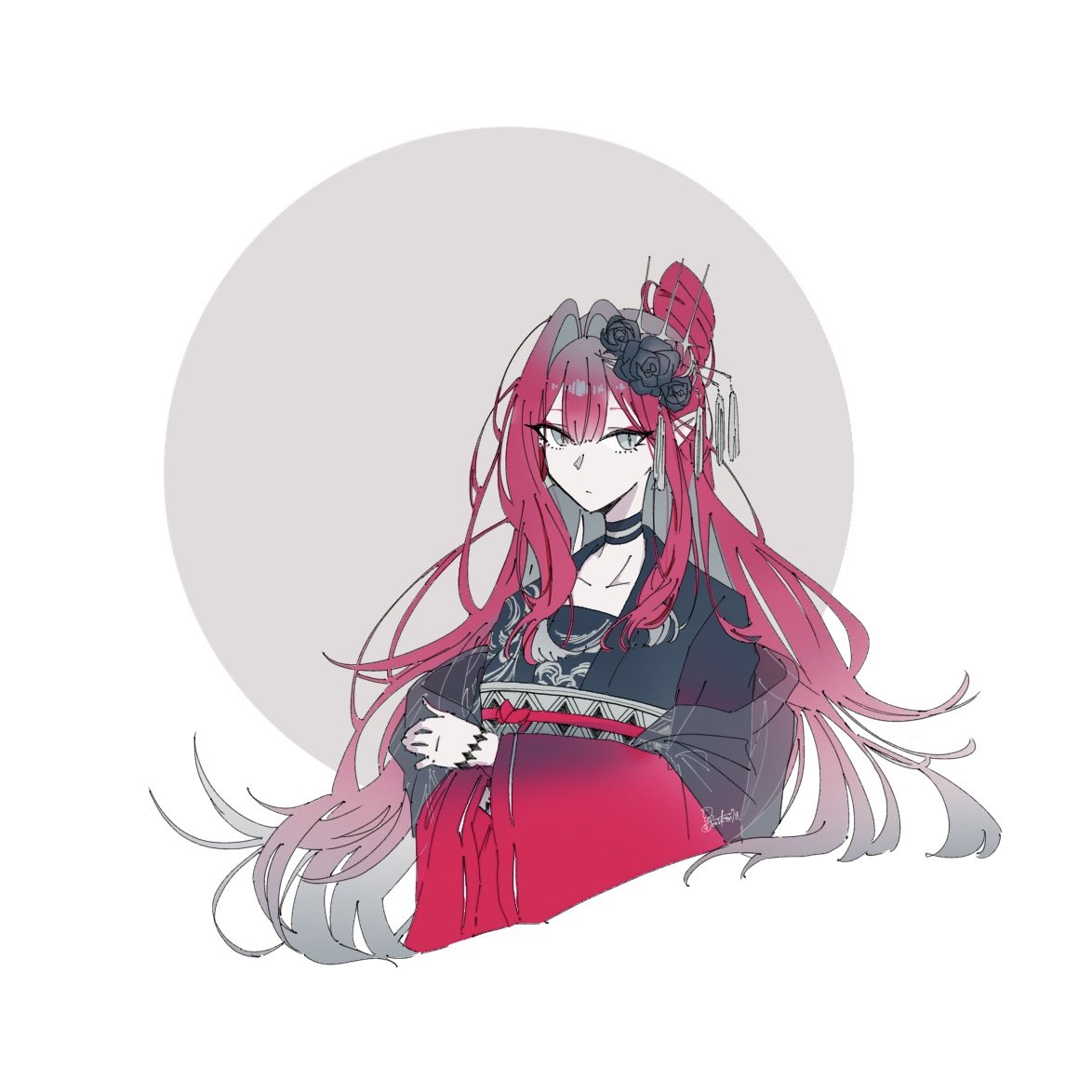 1girl, baobhan_sith_(dream_portrait)_(fate), baobhan_sith_(fate), black_flower, black_kimono, cropped_torso, fate/grand_order, fate_(series), flower, grey_eyes, hair_flower, hair_ornament, japanese_clothes, kimono, long_hair, looking_at_viewer, pink_hair, pointy_ears, red_kimono, sidelocks, solo, torikai18, upper_body, wide_sleeves