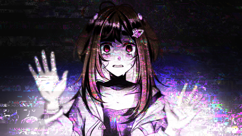 1girl, against_glass, black_shirt, brown_hair, chromatic_aberration, clenched_teeth, coat, crying