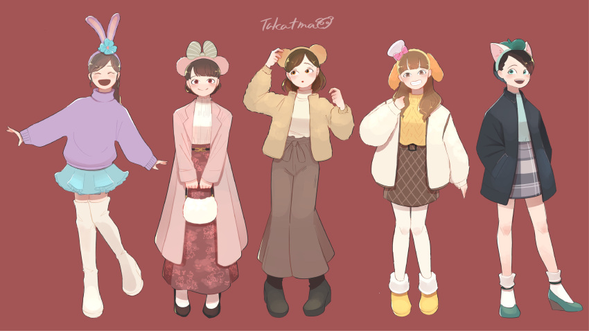 5girls, absurdres, animal_ears, black_hair, brown_hair, character_request, cookieann, duffy_and_friends