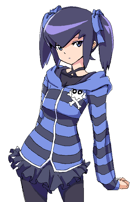 blue_eyes, danball_senki, hoodie, mikage_mika, noduti, oekaki, pantyhose, purple_hair, short_hair, short_twintails, skirt, skull_and_crossbones, striped, twintails