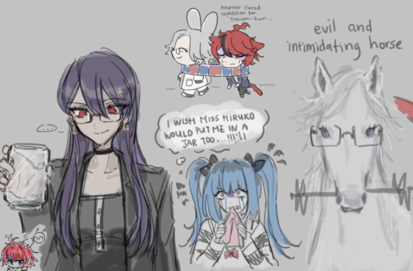 ..., 100horses, 2boys, 2girls, ahoge, amemiya_darumi, animal_ears, animalization, aotsuki_eito, black-framed_eyewear, black_choker, black_dress, black_hair, black_jacket, blue_hair, cat_ears, chibi, choker, closed_mouth, collarbone, commentary, dress, earrings, english_commentary, english_text, glasses, grey_hair, hair_between_eyes, holding, holding_jar, horse, jacket, jar, jealous, jewelry, long_hair, long_sleeves, mini_person, miniboy, multicolored_hair, multiple_boys, multiple_girls, open_clothes, open_jacket, pink_eyes, purple_hair, rabbit_ears, red_eyes, red_hair, scarf, shared_clothes, shared_scarf, shizuhara_hiruko, smile, speech_bubble, streaked_hair, sumino_takumi, the_hundred_line_-last_defense_academy-, thought_bubble, twintails, two-tone_hair, violet_eyes