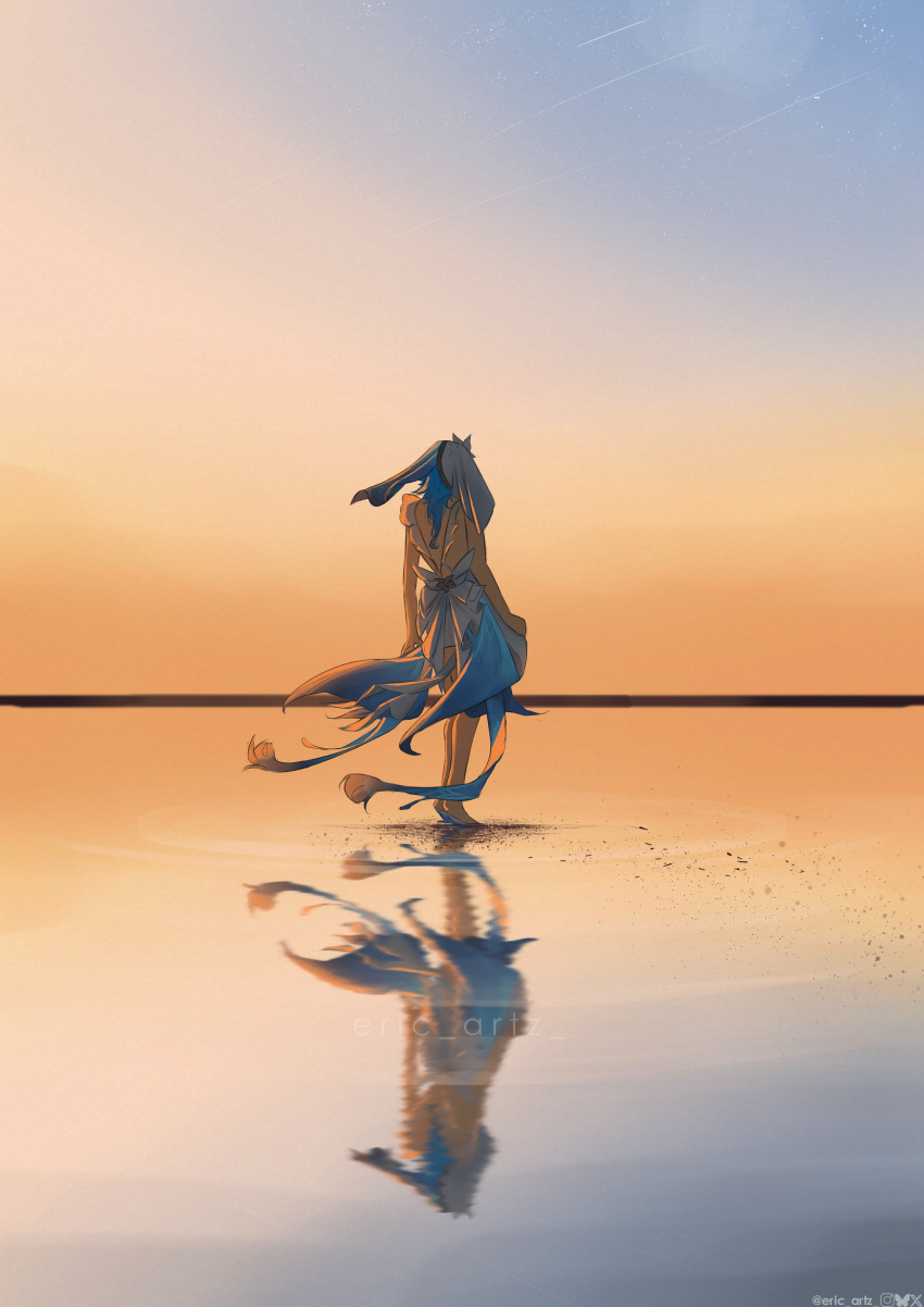 1girl, absurdres, bare_legs, barefoot, beach, blue_dress, blue_hair, blue_sky, dress, eric_tran, highres, reflection, shorekeeper_(wuthering_waves), sky, sleeveless, sunset, veil, water, white_dress, wuthering_waves