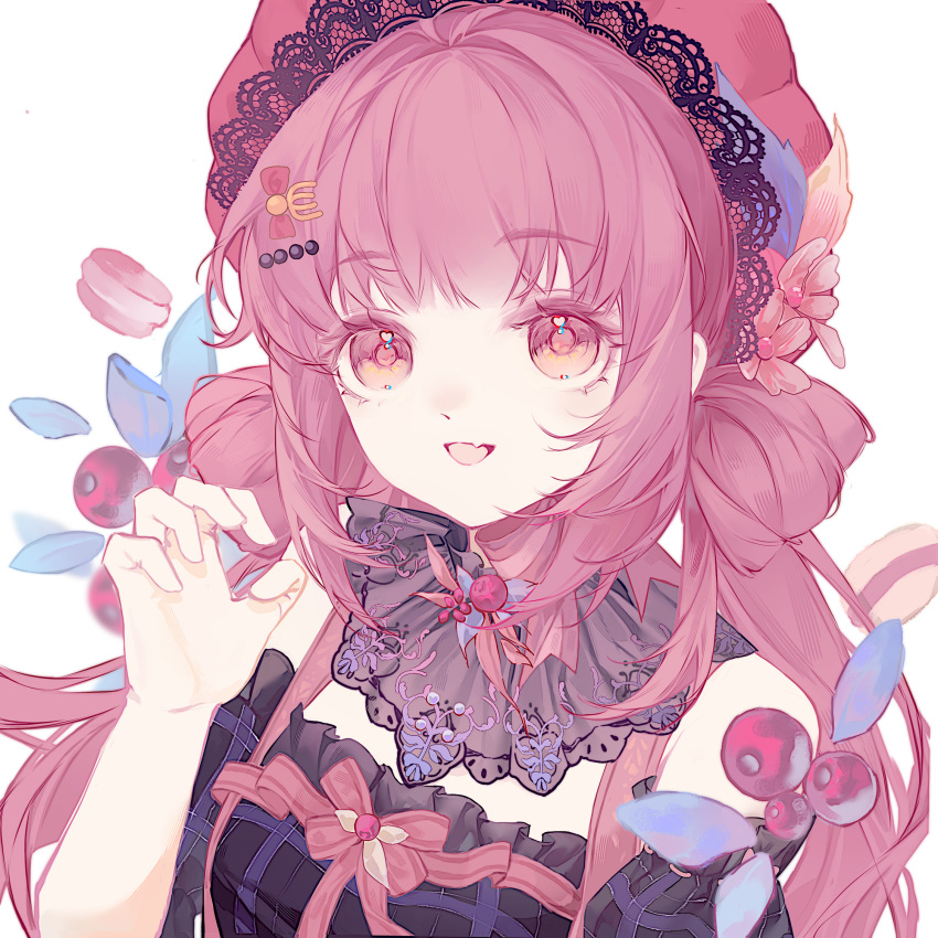 1girl, bare_arms, bare_shoulders, beads, berry, black_collar, black_dress, black_sleeves