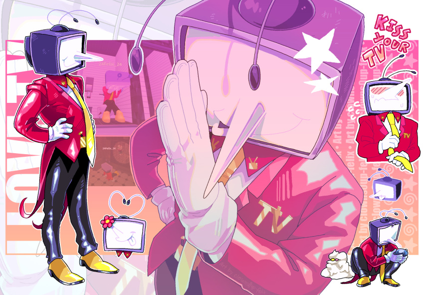 2boys, adjusting_clothes, adjusting_necktie, ant_tenna, blush, clowns0up-felix, commentary, crt, deltarune, english_commentary, flower, flying_sweatdrops, gloves, hands_on_own_hips, highres, holding, male_focus, multiple_boys, multiple_views, necktie, object_head, outline, pointy_nose, shoes, smile, spamton_g._spamton, sweat, tailcoat, tongue, tongue_out, tumblr_username, white_gloves, white_outline, yellow_necktie, yellow_shoes