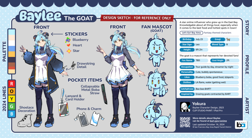 1girl, ahoge, artist_name, bay_area_rapid_transit, baylee_(bart), baylee_(goat)_(bart), black_coat, black_shoes