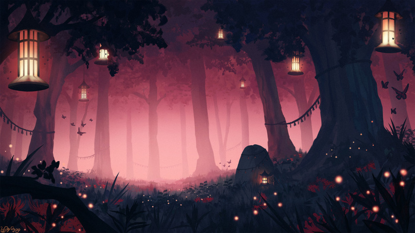 bug, butterfly, commission, fantasy, fireflies, fog, forest, grass