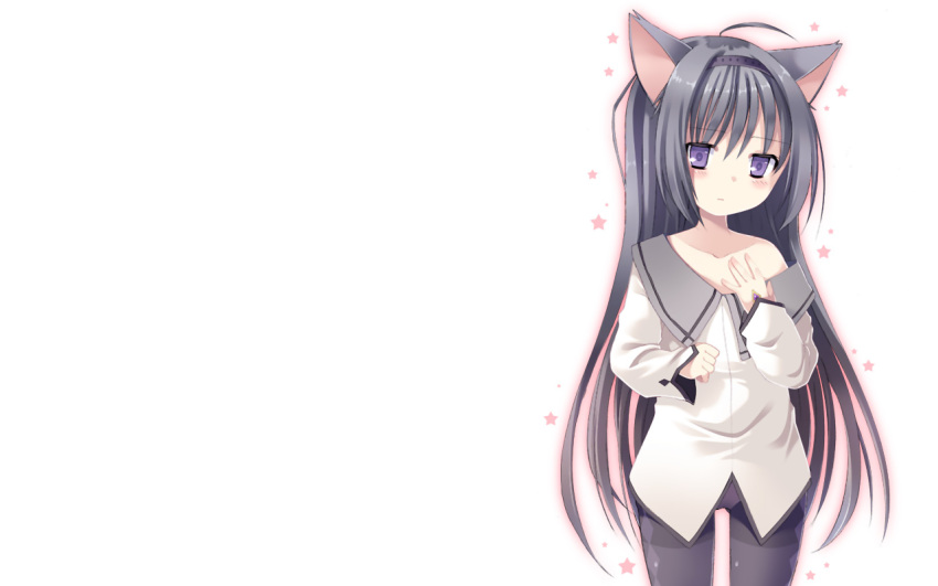 akemi_homura, animal_ears, black_hair, blush, catgirl, long_hair, mahou_shoujo_madoka_magica, pantyhose