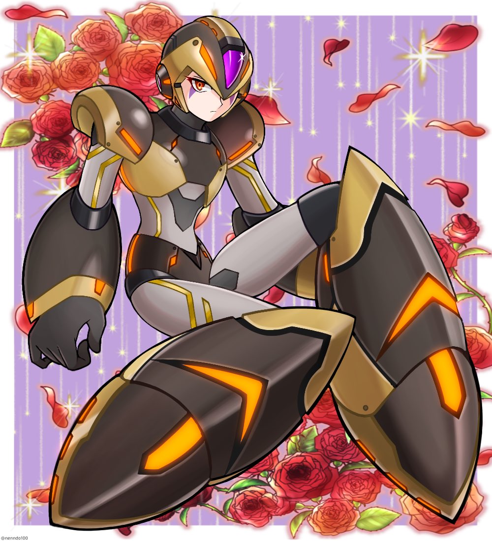 1boy, android, armor, black_gloves, black_helmet, facial_mark, floral_background, forehead_jewel