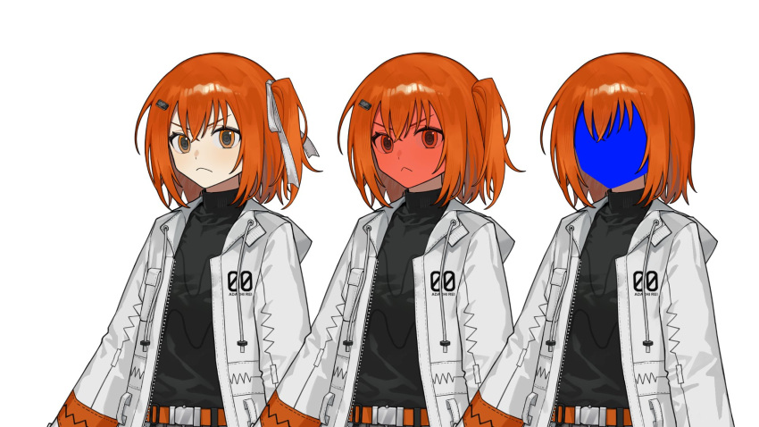 1girl, a.i._voice, adachi_rei, angry, arms_at_sides, belt, black_shirt, breast_pocket