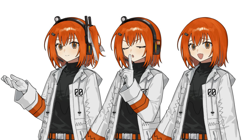 1girl, :o, a.i._voice, adachi_rei, arms_at_sides, belt, black_shirt, blush
