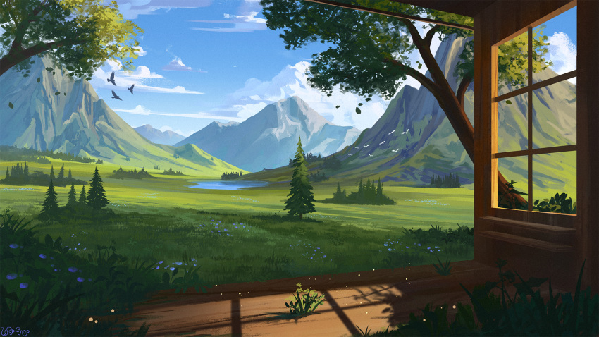 bird, cabin, clouds, commission, flock, flower, grass, highres