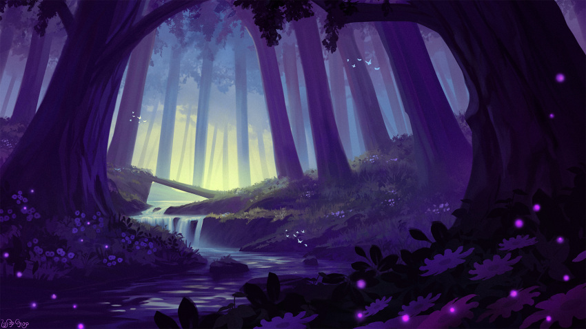 bug, butterfly, commission, fireflies, flower, forest, grass, highres