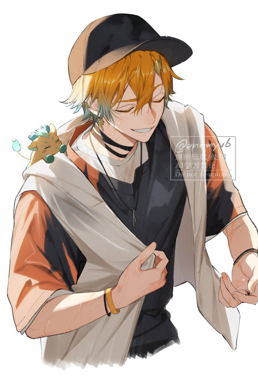 1boy, absurdres, black_hat, black_shirt, blue_hair, creature, english_text, ennmyv6