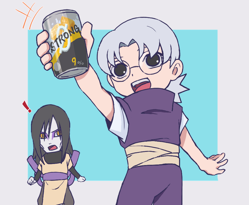 !, 2boys, :d, black_eyes, black_hair, blue_background, border, can
