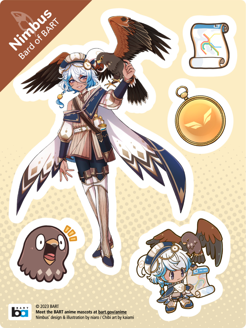 1boy, artist_name, artist_request, bay_area_rapid_transit, bird, black_pants, blue_hair, boots