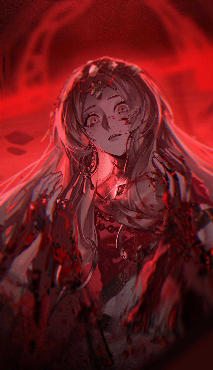 1girl, absurdres, blonde_hair, blood, blood_on_face, blood_on_hands, earrings, gem