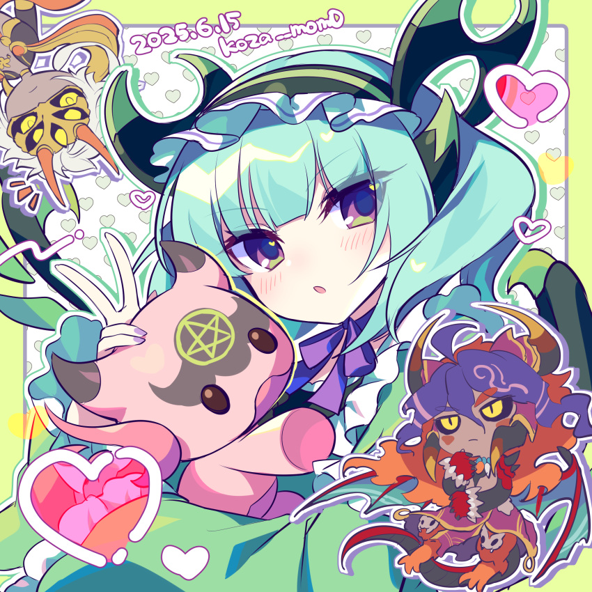 1girl, 2others, :o, absurdres, aqua_hair, astaroth_(p&amp;d), black_sclera, blush