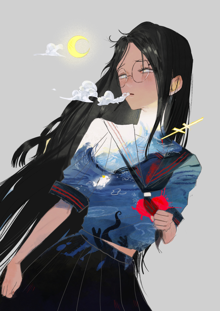 1girl, absurdres, black_hair, blood, blood_on_clothes, bubble, clouds, crescent