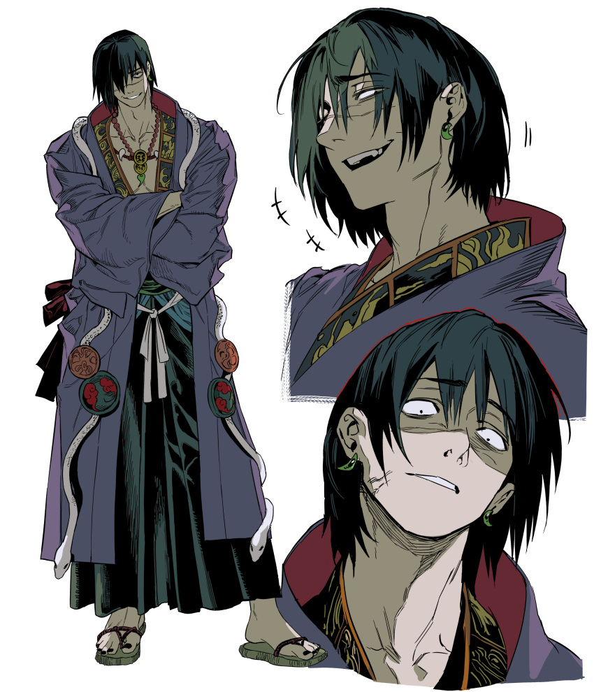 1boy, absurdres, black_eyes, black_nails, crossed_arms, dogho31, earrings, full_body, grin, hair_over_one_eye, highres, japanese_clothes, jewelry, kimono, laughing, magatama, magatama_necklace, male_focus, multiple_views, muscular, muscular_male, necklace, one_eye_covered, original, purple_kimono, sandals, scar, scar_on_face, simple_background, smile, solo, teeth, toenails, upper_body, white_background