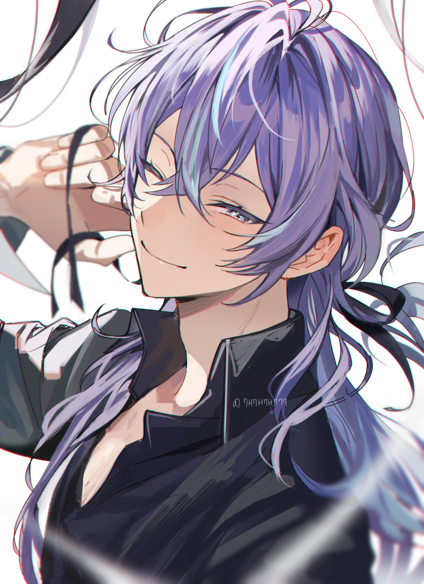 1boy, absurdres, black_shirt, blue_hair, closed_mouth, half-closed_eye, hand_up, highres