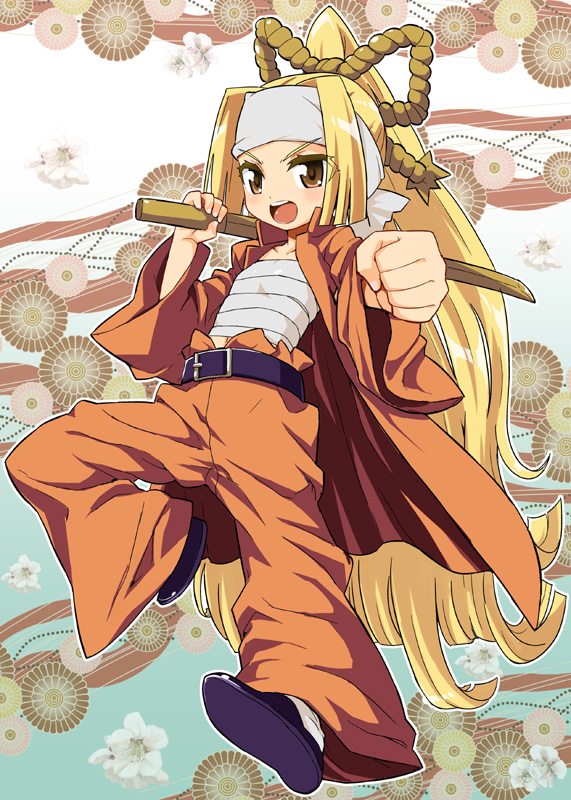belt, blonde_hair, bokken, brown_eyes, clenched_hand, danball_senki, fist, flat_chest