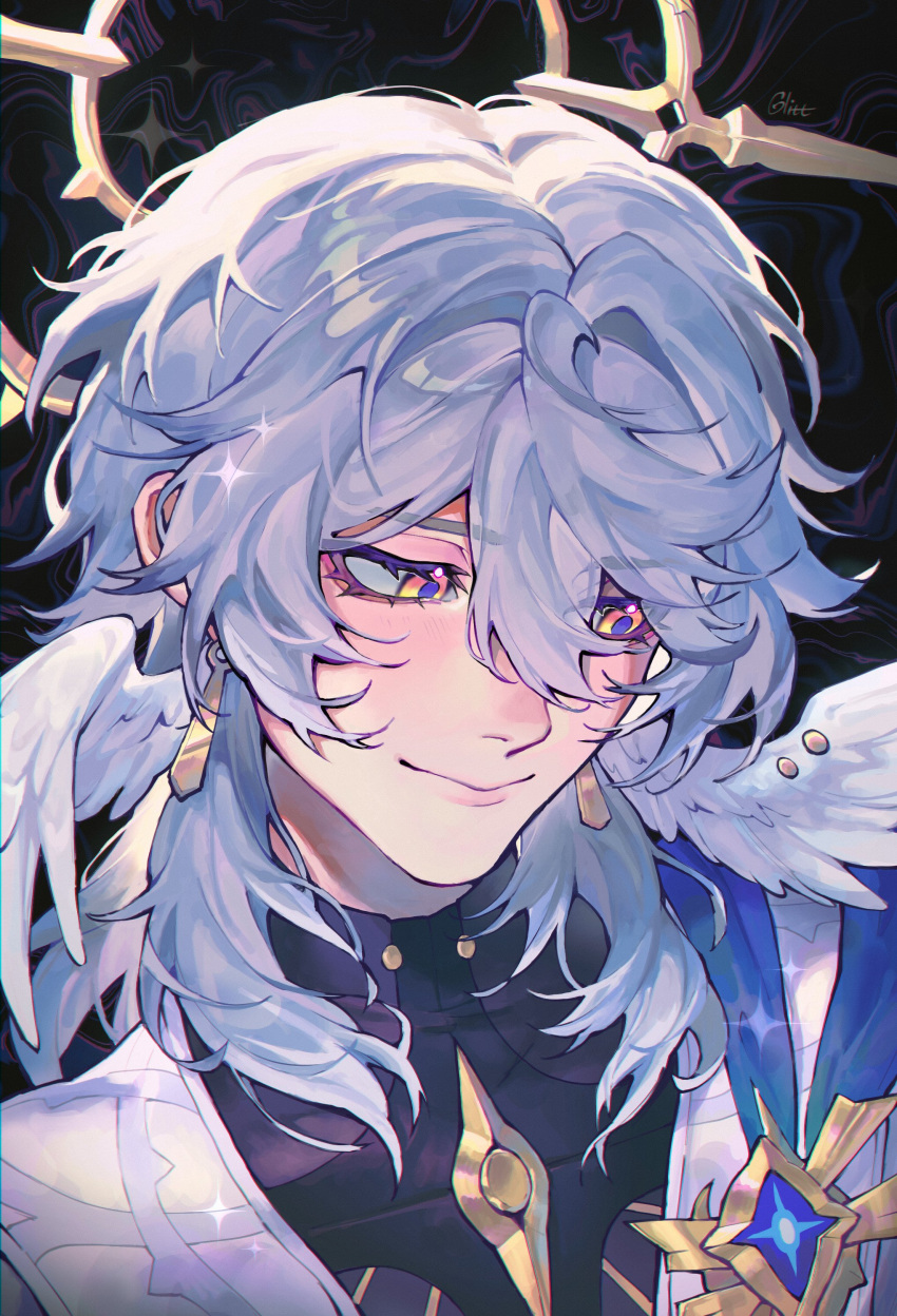 1boy, abstract_background, absurdres, black_background, black_shirt, closed_mouth, commentary, earrings, english_commentary, feathered_wings, glittermoonie, grey_hair, head_wings, highres, honkai:_star_rail, honkai_(series), jacket, jewelry, long_hair, male_focus, portrait, shirt, smile, solo, sunday_(honkai:_star_rail), white_jacket, white_wings, wings, yellow_eyes