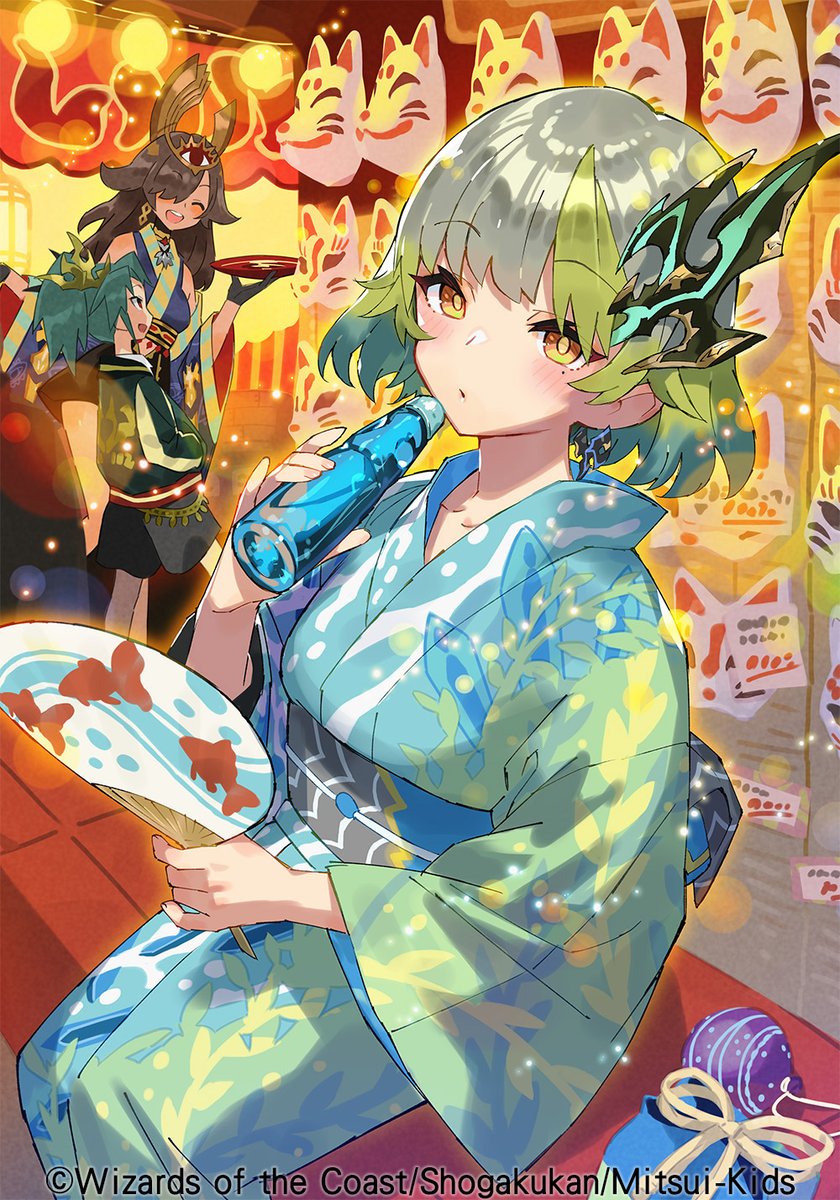 3girls, aqua_hair, black_gloves, black_hair, black_pants, bottle, breasts, chifuin_gyai