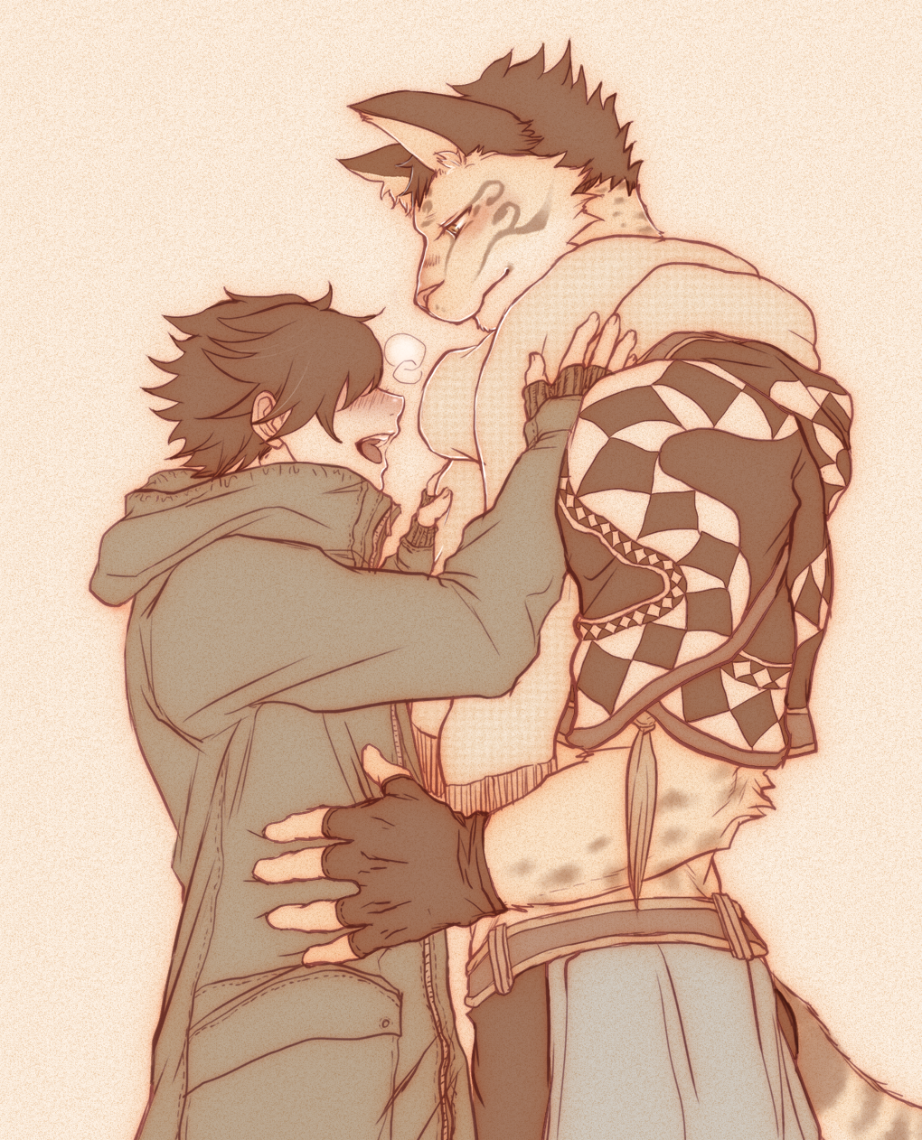 2boys, animal_ears, blush, brown_jacket, chillasan, closed_mouth, commentary_request, condensation