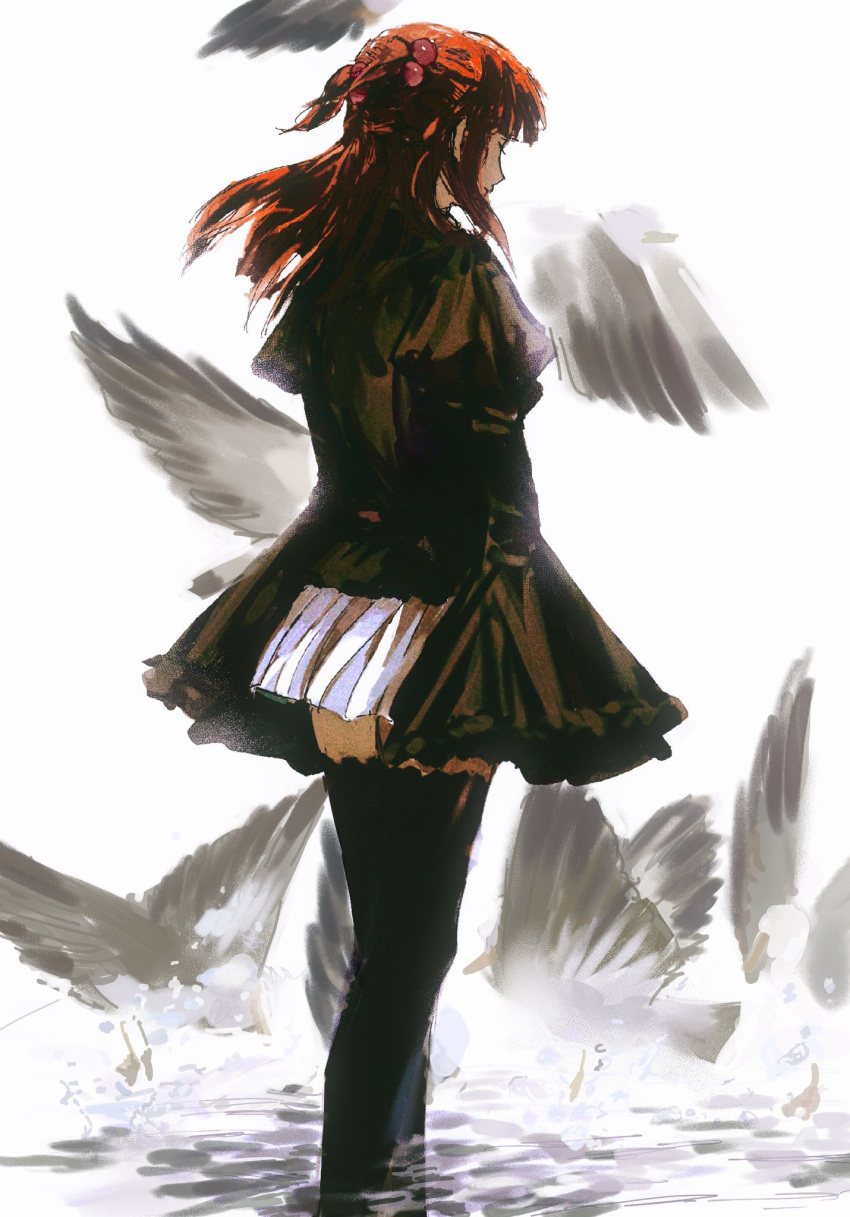 1girl, ashashio, bird, black_shirt, black_thighhighs, closed_eyes, closed_mouth, crow