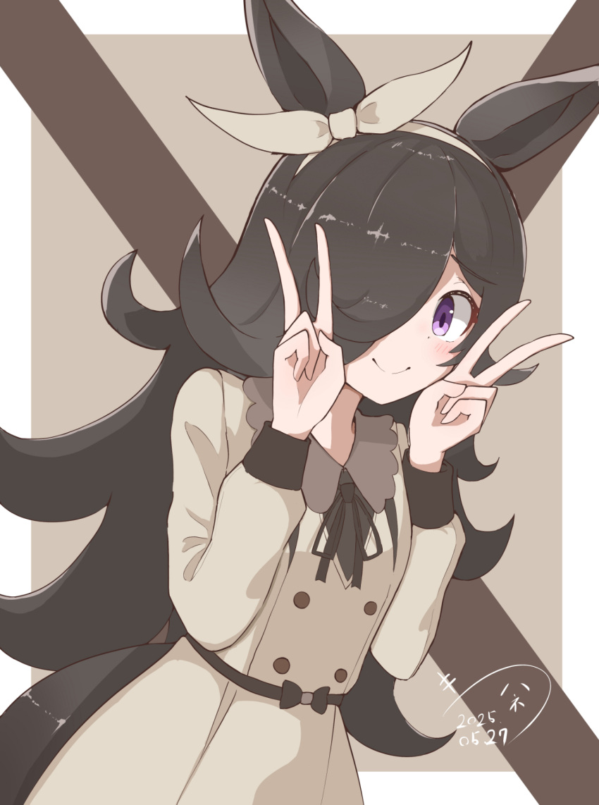 1girl, animal_ears, black_hair, blue_eyes, bow, brown_bow, brown_dress, casual, closed_mouth, day, double_v, dress, ear_bow, hands_up, hanetsuki_777, highres, horse_ears, horse_girl, horse_tail, long_hair, long_sleeves, rice_shower_(umamusume), signature, smile, solo, tail, umamusume, v, very_long_hair