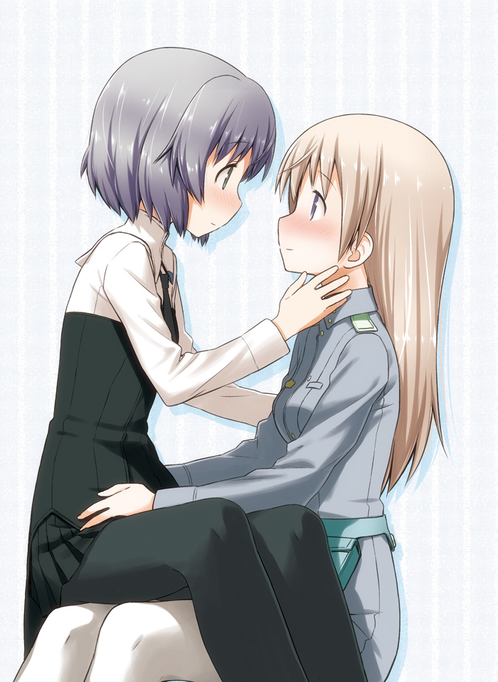 black_legwear, blonde_hair, blue_eyes, blush, eila_ilmatar_juutilainen, eye_contact, face-to-face, green_eyes, hand_on_another's_cheek, hand_on_another's_face, hand_on_cheek, kinniku_tarou, kneehighs, long_hair, looking_at_another, military, military_uniform, multiple_girls, mutual_yuri, pantyhose, sanya_v_litvyak, short_hair, silver_hair, sitting, sitting_on_lap, sitting_on_person, smile, socks, strike_witches, thigh-highs, thighhighs, uniform, white_legwear, white_pantyhose, yuri