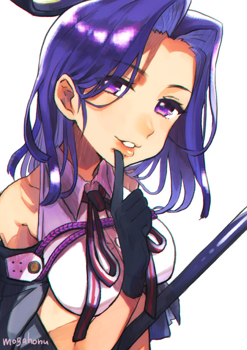 1girl, bare_shoulders, black_gloves, breasts, collared_shirt, commentary_request, gloves, halo