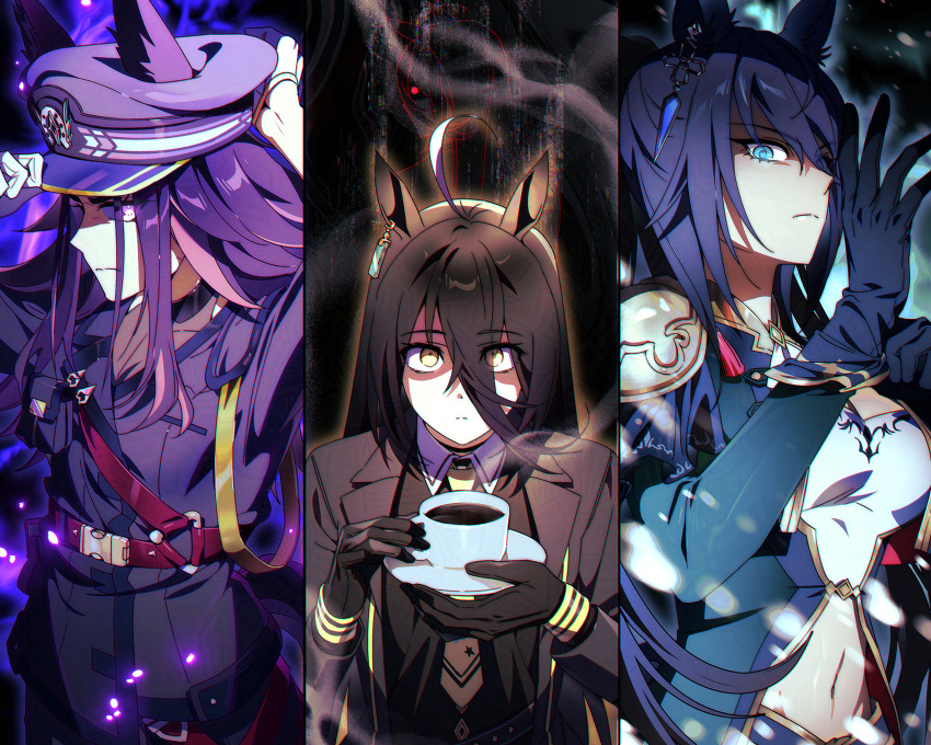 3girls, absurdres, ahoge, aura, black_coat, black_gloves, black_hair, black_shirt