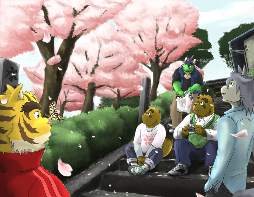 5boys, animal_ears, bug, butterfly, butterfly_on_nose, cherry_blossoms, commentary_request, dog_boy