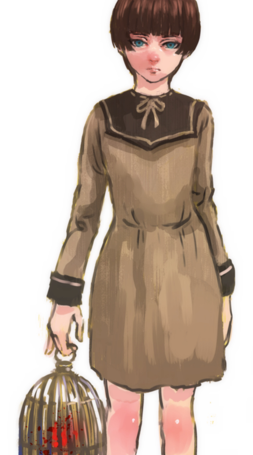 1girl, birdcage, blood, blue_eyes, bob_cut, brown_dress, brown_hair, brown_skirt