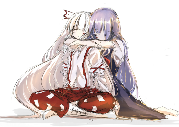 arm_around_neck, bad_id, barefoot, closed_eyes, eyes_closed, fujiwara_no_mokou, hug, hug_from_behind