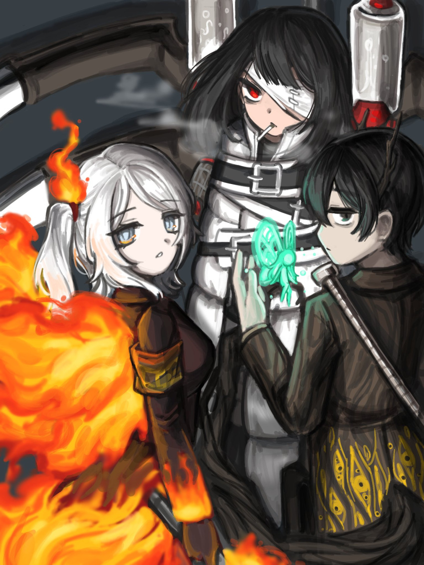 1boy, 1girl, 2girls, ardor_blossom_star_(e.g.o), armband, bandage_over_one_eye, black_coat, black_eyes