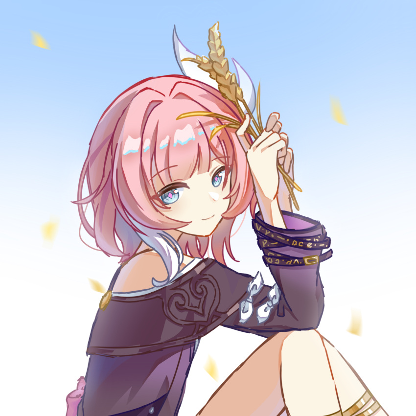 1girl, blue_eyes, blue_sky, chinese_commentary, coat, commentary_request, cyrene_(honkai:_star_rail), highres, holding_wheat, honkai:_star_rail, honkai_(series), izumi_(lofter_41635481026), knees_up, multicolored_hair, pink_hair, pink_pupils, purple_coat, short_hair, sitting, sky, smile, solo, two-tone_hair, white_hair