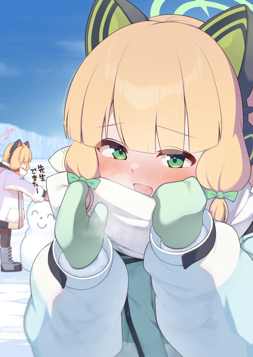 2girls, ^_^, absurdres, animal_ear_headphones, animal_ears, aqua_coat, black_pantyhose, blonde_hair, blue_archive, blunt_bangs, blurry, blurry_background, blush, boots, bow, breath, cat_ear_headphones, cat_ears, character_snowman, closed_eyes, clothes_grab, coat, commentary_request, depth_of_field, doodle_sensei_(blue_archive), eyes_visible_through_hair, fake_animal_ears, fur-trimmed_sleeves, fur_trim, green_bow, green_eyes, green_halo, green_mittens, grey_boots, hair_bow, halo, hands_up, headphones, highres, hood, hood_down, hooded_coat, kataage_(kataage_okashi_koujou), lace-up_boots, layered_sleeves, long_sleeves, looking_at_viewer, low-tied_sidelocks, midori_(blue_archive), midori_(winter)_(blue_archive), mittens, momoi_(blue_archive), momoi_(winter)_(blue_archive), multicolored_coat, multiple_girls, neckwear_grab, official_alternate_costume, open_mouth, outdoors, pantyhose, pink_halo, pink_mittens, profile, puffy_long_sleeves, puffy_sleeves, purple_coat, red_bow, scarf, scarf_bow, scarf_grab, sensei_(blue_archive), siblings, sidelocks, sisters, sky, smile, snow, solo_focus, standing, steam, sweat, text_print, translation_request, twins, upper_body, white_coat, white_scarf, winter, winter_clothes