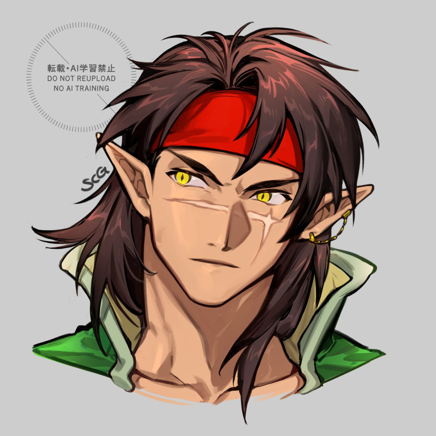 1boy, brown_hair, cross_scar, fire_emblem, fire_emblem:_path_of_radiance, fire_emblem:_radiant_dawn, headband, highres, male_focus, pointy_ears, red_headband, scar, scar_on_face, silvercandy_gum, tibarn_(fire_emblem), yellow_eyes
