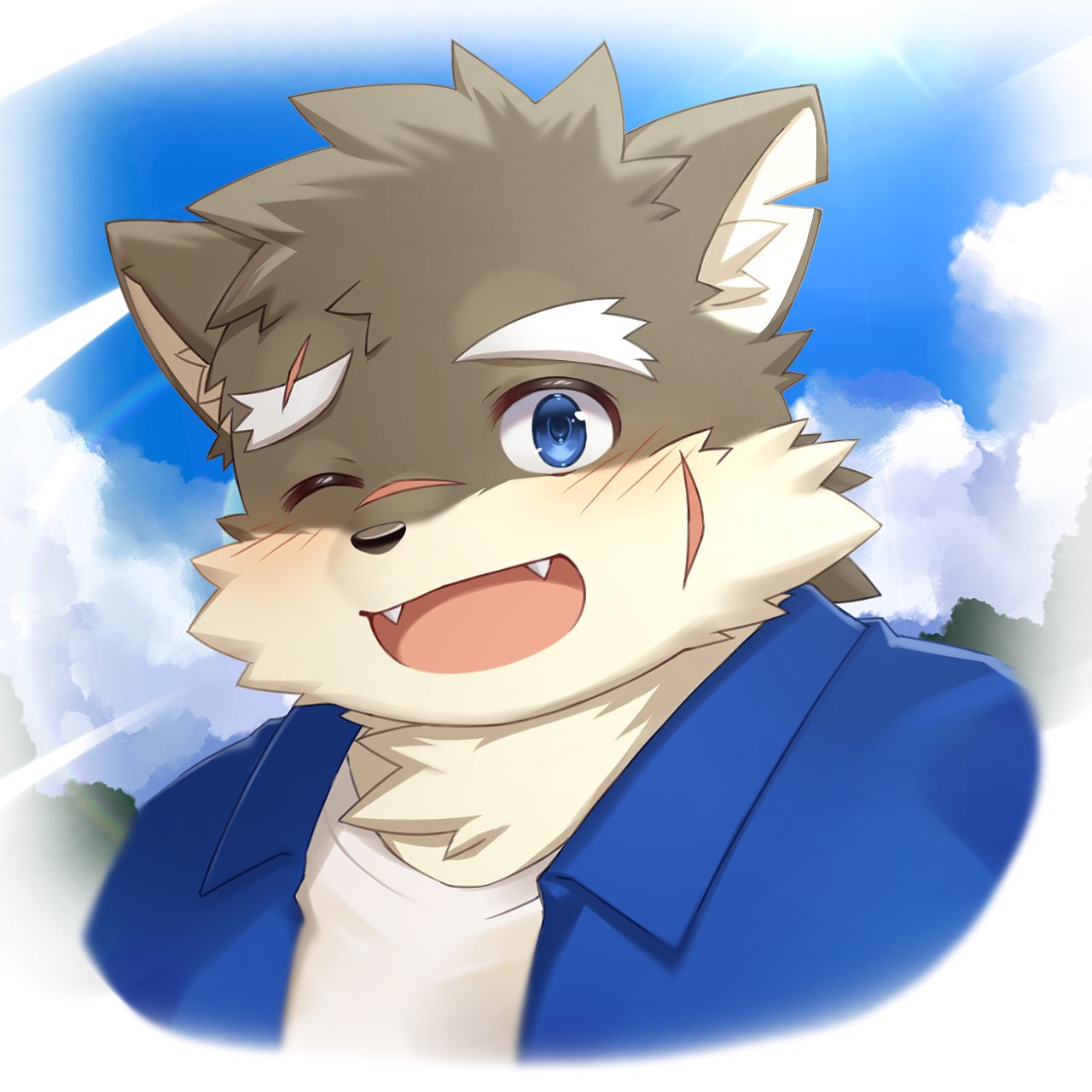 1boy, animal_ears, blue_shirt, blue_sky, blush, brown_fur, clouds, cloudy_sky