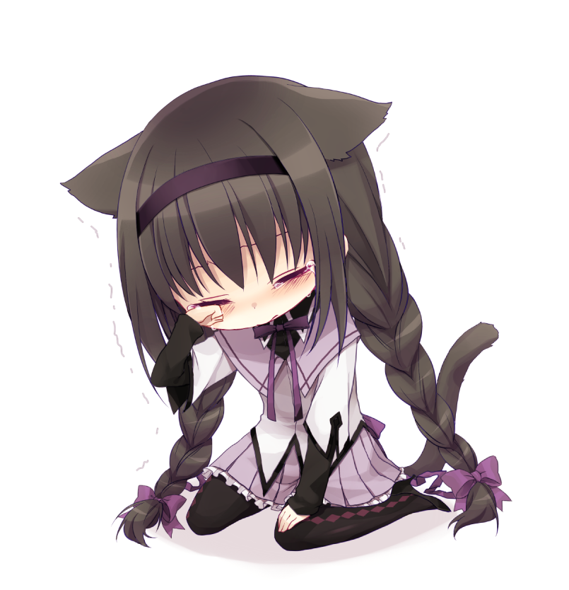 akemi_homura, akira_(ku0427), animal_ears, braid, cat_ears, cat_tail, chibi, closed_eyes