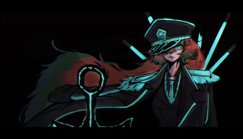 1girl, absurdres, anchor, aqua_eyes, aqua_necktie, black_background, black_coat, black_hat