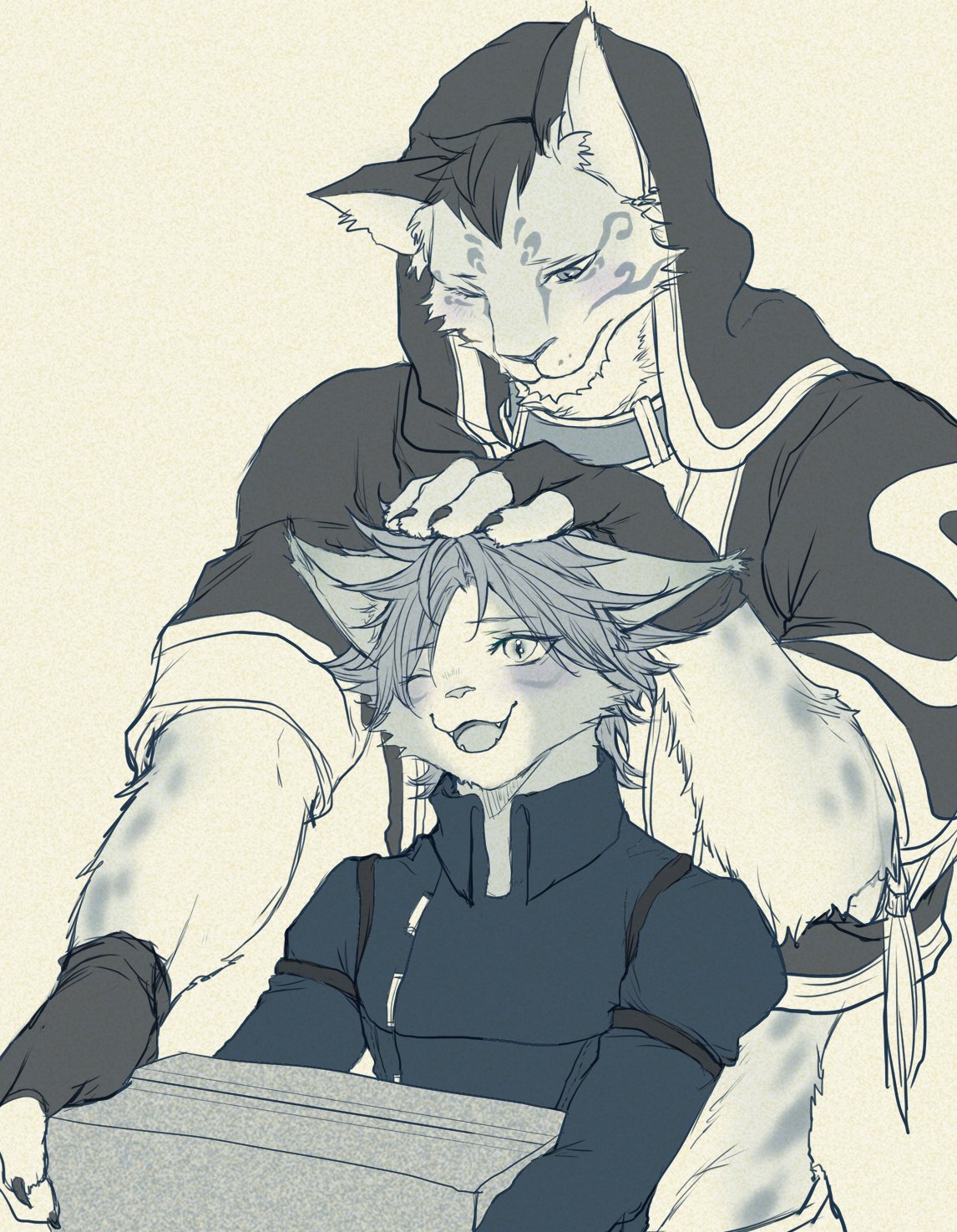 2boys, animal_ears, box, cat_boy, cat_ears, chillasan, claws, closed_mouth