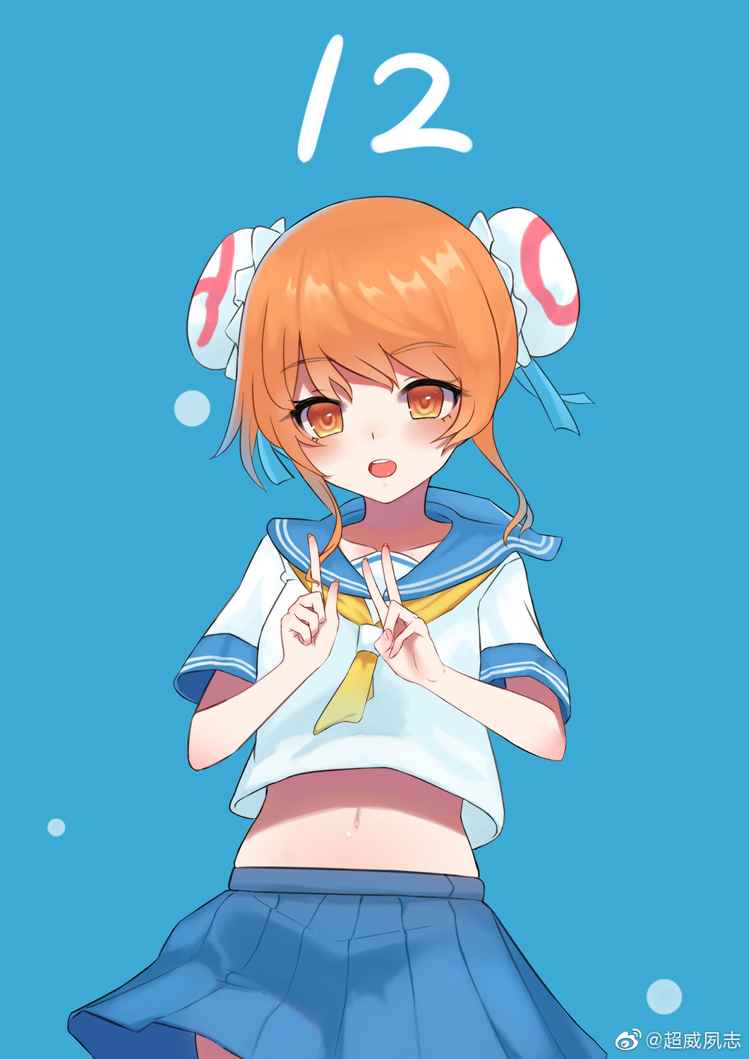 1girl, :o, acfun, acfun_girl, blue_background, blue_sailor_collar, blue_skirt, bun_cover